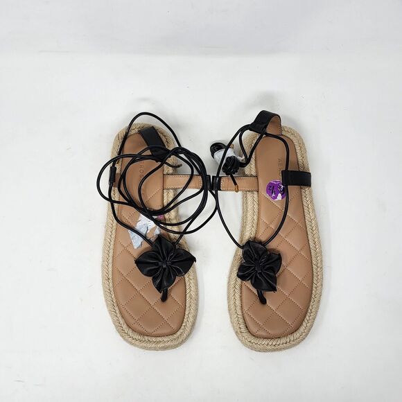 Aerosoles Fanie Lace Up Black Leather Flower Espadrilles Sandals Size 9.5 Black - Picture 2 of 14